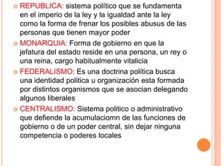  REPUBLICA: sistema político que se fundamenta
en el imperio de la ley y la igualdad ante la ley
como la forma de frenar los posibles abusus de las
personas que tienen mayor poder
 MONARQUIA: Forma de gobierno en que la
jefatura del estado reside en una persona, un rey o
una reina, cargo habitualmente vitalicia
 FEDERALISMO: Es una doctrina política busca
una identidad politica u organización esta formada
por distintos organismos que se asocian delegando
algunos liberales
 CENTRALISMO: Sistema politico o administrativo
que defiende la acumulaciomn de las funciones de
gobierno o de un poder central, sin dejar ninguna
competencia o poderes locales
 