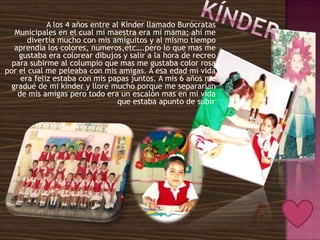 A los 4 años entre al Kínder llamado Burócratas
   Municipales en el cual mi maestra era mi mama; ahí me
       divertía mucho con mis amiguitos y al mismo tiempo
   aprendía los colores, numeros,etc….pero lo que mas me
    gustaba era colorear dibujos y salir a la hora de recreo
  para subirme al columpio que mas me gustaba color rosa
por el cual me peleaba con mis amigas. A esa edad mi vida
     era feliz estaba con mis papas juntos. A mis 6 años me
  gradué de mi kínder y llore mucho porque me separarían
    de mis amigas pero todo era un escalón mas en mi vida
                                 que estaba apunto de subir.
 