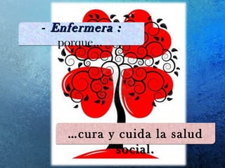 - Enfermera :Enfermera :
porque…
- Enfermera :Enfermera :
porque…
…cura y cuida la salud
social.
…cura y cuida la salud
social.
 