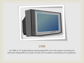 1998
En 1998, la TV independiente representaba 88% de los 24 canales nacionales de
televisión disponibles en el país; el resto (12%) estaban controlados por el gobierno.
 