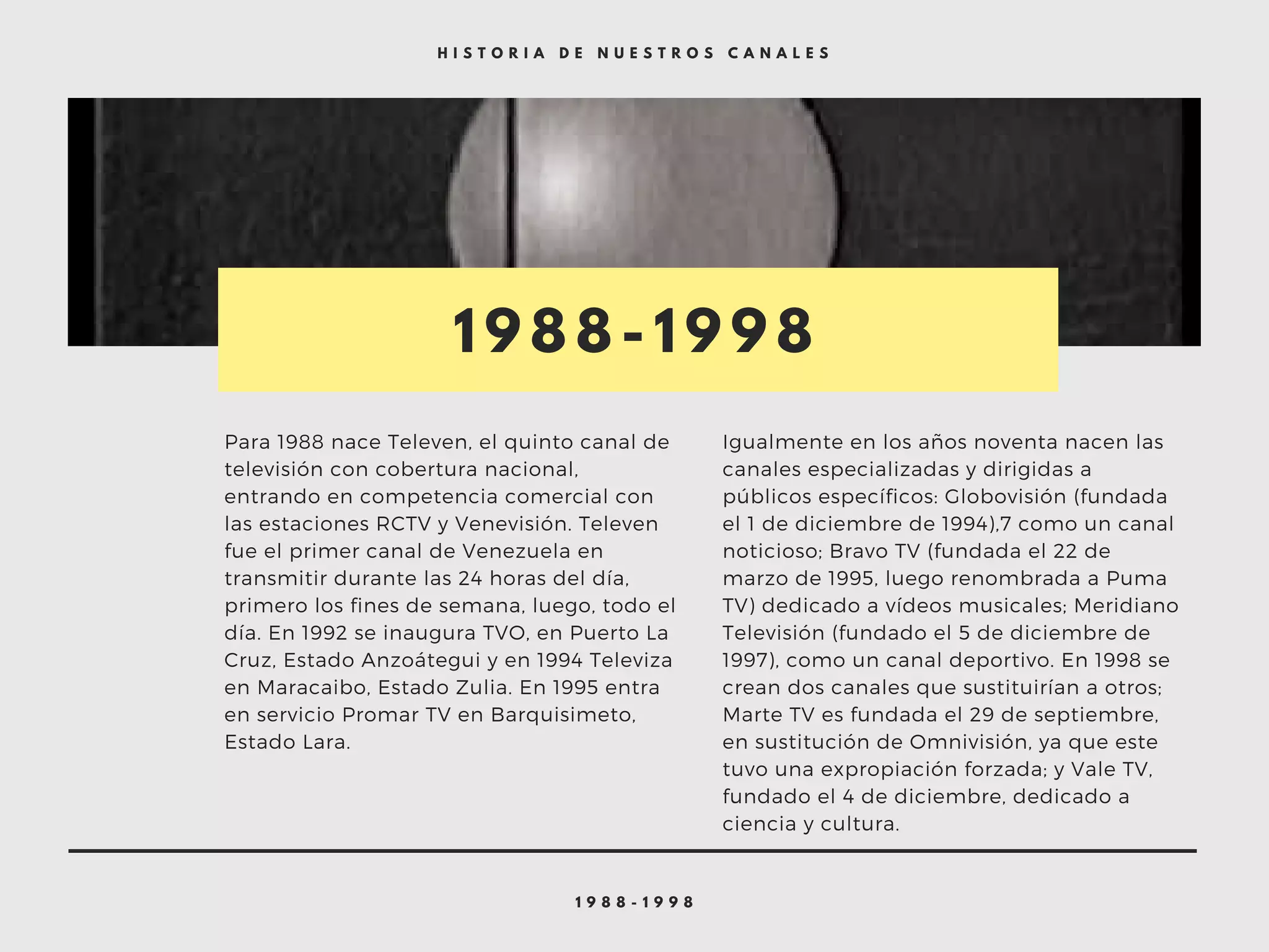 1 9 8 8 - 1 9 9 8
H I S T O R I A D E N U E S T R O S C A N A L E S
1 9 8 8 - 1 9 9 8
Para 1988 nace Televen, el quinto canal de
televisión con cobertura nacional,
entrando en competencia comercial con
las estaciones RCTV y Venevisión. Televen
fue el primer canal de Venezuela en
transmitir durante las 24 horas del día,
primero los fines de semana, luego, todo el
día. En 1992 se inaugura TVO, en Puerto La
Cruz, Estado Anzoátegui y en 1994 Televiza
en Maracaibo, Estado Zulia. En 1995 entra
en servicio Promar TV en Barquisimeto,
Estado Lara.  
Igualmente en los años noventa nacen las
canales especializadas y dirigidas a
públicos específicos: Globovisión (fundada
el 1 de diciembre de 1994),7 como un canal
noticioso; Bravo TV (fundada el 22 de
marzo de 1995, luego renombrada a Puma
TV) dedicado a vídeos musicales; Meridiano
Televisión (fundado el 5 de diciembre de
1997), como un canal deportivo. En 1998 se
crean dos canales que sustituirían a otros;
Marte TV es fundada el 29 de septiembre,
en sustitución de Omnivisión, ya que este
tuvo una expropiación forzada; y Vale TV,
fundado el 4 de diciembre, dedicado a
ciencia y cultura.
 