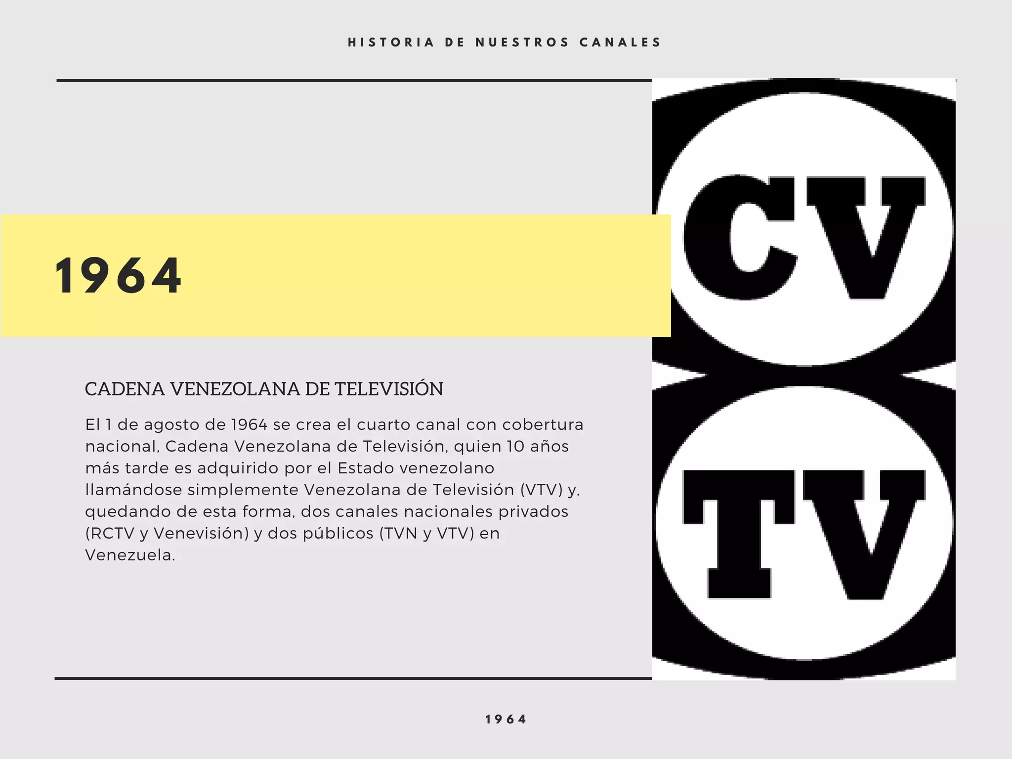 1 9 6 4
H I S T O R I A D E N U E S T R O S C A N A L E S
1 9 6 4
CADENA VENEZOLANA DE TELEVISIÓN
El 1 de agosto de 1964 se crea el cuarto canal con cobertura
nacional, Cadena Venezolana de Televisión, quien 10 años
más tarde es adquirido por el Estado venezolano
llamándose simplemente Venezolana de Televisión (VTV) y,
quedando de esta forma, dos canales nacionales privados
(RCTV y Venevisión) y dos públicos (TVN y VTV) en
Venezuela.
 