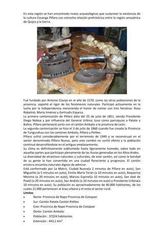 En esta región se han encontrado restos arqueológicos que sustentan la existencia de
la cultura Cosanga Píllaro con estrecha relación prehistórica entre la región amazónica
de Quijos y la Sierra.
Fue fundado por Antonio Clavijo en el año de 1570, como las otras poblaciones de la
provincia, soportó el rigor de los fenómenos naturales. Participó activamente en la
lucha por la Independencia mereciendo el honor de contar con tres heroínas: Rosa
Robalino, María Jiménez y Gertrudis Esparza.
La primera cantonización de Píllaro data del 25 de julio de 1851, siendo Presidente
Diego Noboa y por influencia del General Urbina; tuvo como parroquias a Patate y
Baños. Píllaro perteneció junto con el cantón Ambato a la provincia de León.
La segunda cantonización se hizo el 3 de julio de 1860 cuando fue creada la Provincia
de Tungurahua con los cantones Ambato, Píllaro y Pelileo.
Píllaro sufrió considerablemente por el terremoto de 1949 y se reconstruyó en el
sector denominado Píllaro Nuevo, pero este cambio no surtió efecto y la población
continuó desarrollándose en el antiguo emplazamiento.
Su clima es definitivamente subhúmedo hasta ligeramente húmedo, sobre todo en
aquellas partes que participan plenamente de las lluvias generadas en los Altos Andes.
La diversidad de atractivos naturales y culturales, de este cantón, así como la bondad
de su gente la han convertido en una ciudad floreciente y progresiva. El cantón
encierra encantos naturales dignos de admirar.
Está conformado por La Matriz, Ciudad Nueva(a 2 minutos de Píllaro en auto), San
Miguelito (a 5 minutos en auto), Emilio María Terán (a 10 minutos en auto), Baquerizo
Moreno (a 20 minutos en auto), Marcos Espinel(a 10 minutos en auto), San José de
Poaló (a 20 minutos en auto), San Andrés (a 10 minutos en auto) y Presidente Urbina(a
10 minutos en auto). Su población es aproximadamente de 40.000 habitantes, de los
cuales 21.000 pertenecen al área urbana y el resto al sector rural.
Limites
 Norte: Provincia de Napo Provincia de Cotopaxi
 Sur: Cantón Patate Cantón Pelileo
 Este: Provincia de Napo Provincia de Cotopaxi
 Oeste: Cantón Ambato
 Población : 37224 habitantes
 Extensión : 443,1 Km²
 