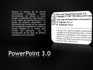 * Obtiene la adición de 24 formas 
comúnmente utilizadas; nuevas 
herramientas de dibujo a mano 
alzada, la habilidad de rotar objetos y 
la de copiar las características de un 
objeto se hicieron disponibles. La 
fascinación del mundo de los negocios 
por las gráficas estadísticas comenzó a 
crecer, aunque no al mismo paso 
furioso de Microsoft, con la 
introducción de 84 tipos de gráficos 
estadísticos pre-diseñados. 
 