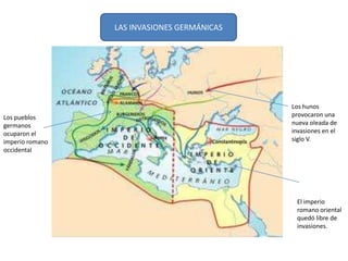 Los hunos
provocaron una
nueva oleada de
invasiones en el
siglo V.
El imperio
romano oriental
quedó libre de
invasiones.
Los pueblos
germanos
ocuparon el
imperio romano
occidental
LAS INVASIONES GERMÁNICAS
 