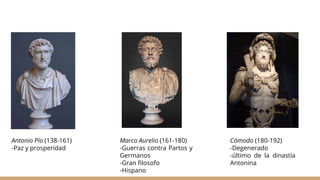 Antonio Pío (138-161)
-Paz y prosperidad
Marco Aurelio (161-180)
-Guerras contra Partos y
Germanos
-Gran filosofo
-Hispano
Cómodo (180-192)
-Degenerado
-último de la dinastía
Antonina
 