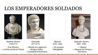 LOS EMPERADORES SOLDADOS
Septimio Severo
(193-211)
Caracalla
(211-217)
Macrino
(218 - 222)
Alejandro Severo
(222 - 235)
→ Era Africano.
→ Luchas contra los Partos
→ Nacido en Lugdunum
(Antigua Galia)
→ Constitutio Antoniniana
→ Su sucesor
Heliogábalo
→ Ulpiano
→ Ataques de Persas y
Germanos
 