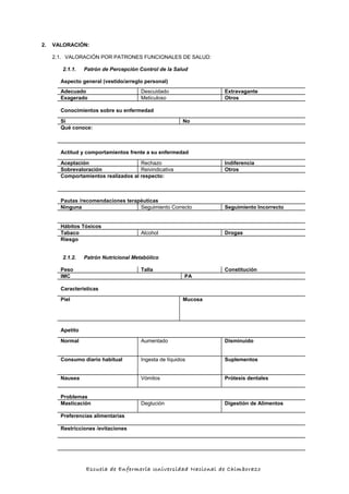 2. VALORACIÓN:
2.1. VALORACIÓN POR PATRONES FUNCIONALES DE SALUD:
2.1.1. Patrón de Percepción Control de la Salud
Aspecto general (vestido/arreglo personal)
Adecuado Descuidado Extravagante
Exagerado Meticuloso Otros
Conocimientos sobre su enfermedad
Si No
Qué conoce:
Actitud y comportamientos frente a su enfermedad
Aceptación Rechazo Indiferencia
Sobrevaloración Reivindicativa Otros
Comportamientos realizados al respecto:
Pautas /recomendaciones terapéuticas
Ninguna Seguimiento Correcto Seguimiento Incorrecto
Hábitos Tóxicos
Tabaco Alcohol Drogas
Riesgo
2.1.2. Patrón Nutricional Metabólico
Peso Talla Constitución
IMC PA
Características
Piel Mucosa
Apetito
Normal Aumentado Disminuido
Consumo diario habitual Ingesta de líquidos Suplementos
Nausea Vómitos Prótesis dentales
Problemas
Masticación Deglución Digestión de Alimentos
Preferencias alimentarias
Restricciones /evitaciones
Escuela de Enfermería Universidad Nacional de Chimborazo
 