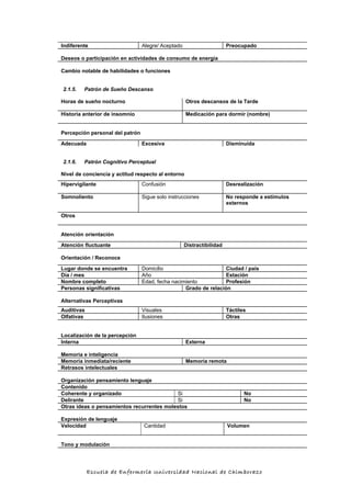 Indiferente Alegre/ Aceptado Preocupado
Deseos o participación en actividades de consumo de energía
Cambio notable de habilidades o funciones
2.1.5. Patrón de Sueño Descanso
Horas de sueño nocturno Otros descansos de la Tarde
Historia anterior de insomnio Medicación para dormir (nombre)
Percepción personal del patrón
Adecuada Excesiva Disminuida
2.1.6. Patrón Cognitivo Perceptual
Nivel de conciencia y actitud respecto al entorno
Hipervigilante Confusión Desrealización
Somnoliento Sigue solo instrucciones No responde a estímulos
externos
Otros
Atención orientación
Atención fluctuante Distractibilidad
Orientación / Reconoce
Lugar donde se encuentra Domicilio Ciudad / país
Día / mes Año Estación
Nombre completo Edad, fecha nacimiento Profesión
Personas significativas Grado de relación
Alternativas Perceptivas
Auditivas Visuales Táctiles
Olfativas Ilusiones Otras
Localización de la percepción
Interna Externa
Memoria e inteligencia
Memoria inmediata/reciente Memoria remota
Retrasos intelectuales
Organización pensamiento lenguaje
Contenido
Coherente y organizado Si No
Delirante Si No
Otras ideas o pensamientos recurrentes molestos
Expresión de lenguaje
Velocidad Cantidad Volumen
Tono y modulación
Escuela de Enfermería Universidad Nacional de Chimborazo
 