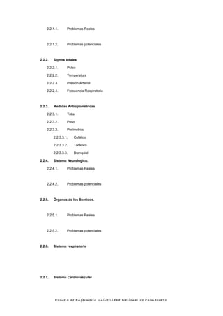 2.2.1.1. Problemas Reales
2.2.1.2. Problemas potenciales
2.2.2. Signos Vitales
2.2.2.1. Pulso
2.2.2.2. Temperatura
2.2.2.3. Presión Arterial
2.2.2.4. Frecuencia Respiratoria
2.2.3. Medidas Antropométricas
2.2.3.1. Talla
2.2.3.2. Peso
2.2.3.3. Perímetros
2.2.3.3.1. Cefálico
2.2.3.3.2. Torácico
2.2.3.3.3. Branquial
2.2.4. Sistema Neurológico.
2.2.4.1. Problemas Reales
2.2.4.2. Problemas potenciales
2.2.5. Órganos de los Sentidos.
2.2.5.1. Problemas Reales
2.2.5.2. Problemas potenciales
2.2.6. Sistema respiratorio
2.2.7. Sistema Cardiovascular
Escuela de Enfermería Universidad Nacional de Chimborazo
 