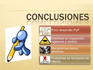 CONCLUSIONES
Poco desarrollo PyP
Debilidad en inspección,
vigilancia y control.
Mecanismos pocos
efectivos
Problemas en formación de
talento
 