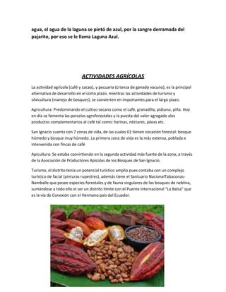agua, el agua de la laguna se pintó de azul, por la sangre derramada del
pajarito, por eso se le llama Laguna Azul.




                             ACTIVIDADES AGRÍCOLAS
La actividad agrícola (café y cacao), y pecuaria (crianza de ganado vacuno), es la principal
alternativa de desarrollo en el corto plazo, mientras las actividades de turismo y
silvicultura (manejo de bosques), se convierten en importantes para el largo plazo.

Agricultura: Predominando el cultivo secano como el café, granadilla, plátano, piña. Hoy
en día se fomenta las parcelas agroforestales y la puesta del valor agregado alos
productos complementarios al café tal como: harinas, néctares, jaleas etc.

San Ignacio cuenta con 7 zonas de vida, de las cuales 02 tienen vocación forestal: bosque
húmedo y bosque muy húmedo. La primera zona de vida es la más extensa, poblada e
intervenida con fincas de café

Apicultura: Se estaba convirtiendo en la segunda actividad más fuerte de la zona; a través
de la Asociación de Productores Apícolas de los Bosques de San Ignacio.

Turismo, el distrito tenía un potencial turístico amplio pues contaba con un complejo
turístico de facial (pinturas rupestres), además tiene el Santuario NacionalTabaconas-
Namballe que posee especies forestales y de fauna singulares de los bosques de neblina,
sumándose a todo ello el ser un distrito límite con el Puente Internacional “La Balsa” que
es la vía de Conexión con el Hermano país del Ecuador.
 