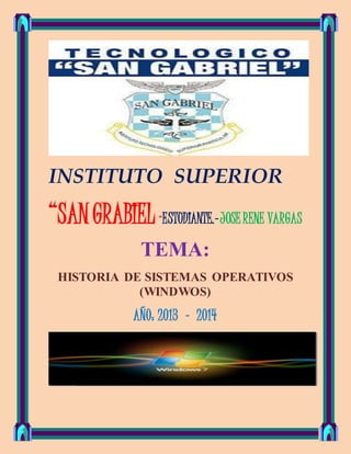 INSTITUTO SUPERIOR 
“SAN GRABIEL “ESTUDIANTE.- JOSE RENE VARGAS 
TEMA: 
HISTORIA DE SISTEMAS OPERATIVOS 
(WINDWOS) 
AÑO: 2013 - 2014 
 