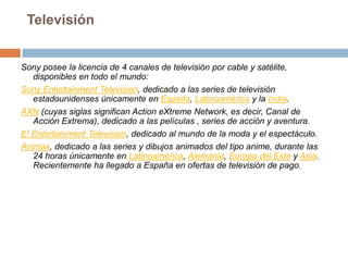 TelevisiónSony posee la licencia de 4 canales de televisión por cable y satélite, disponibles en todo el mundo:Sony EntertainmentTelevision, dedicado a las series de televisión estadounidenses únicamente en España, Latinoamérica y la India.AXN (cuyas siglas significan ActioneXtreme Network, es decir, Canal de Acción Extrema), dedicado a las películas , series de acción y aventura.E! EntertainmentTelevision, dedicado al mundo de la moda y el espectáculo.Animax, dedicado a las series y dibujos animados del tipo anime, durante las 24 horas únicamente en Latinoamérica, Alemania, Europa del Este y Asia. Recientemente ha llegado a España en ofertas de televisión de pago.