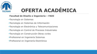 OFERTA ACADÉMICA
Facultad de Diseño e Ingeniería – FADI
Tecnología en Sistemas
Tecnología en Sistemas de Información
Tecnología en Electrónica y Telecomunicaciones
Tecnología en Control de Procesos Industriales
Tecnología en Construcción Obras civiles
Profesional en Ingeniería Sistemas
Profesional en Ingeniería Electrónica
 