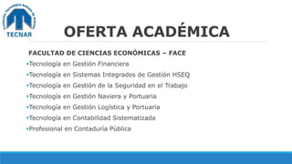 OFERTA ACADÉMICA
FACULTAD DE CIENCIAS ECONÓMICAS – FACE
Tecnología en Gestión Financiera
Tecnología en Sistemas Integrados de Gestión HSEQ
Tecnología en Gestión de la Seguridad en el Trabajo
Tecnología en Gestión Naviera y Portuaria
Tecnología en Gestión Logística y Portuaria
Tecnología en Contabilidad Sistematizada
Profesional en Contaduría Pública
 