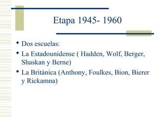 Etapa 1945- 1960
 Dos escuelas:
 La Estadounidense ( Hadden, Wolf, Berger,
Shaskan y Berne)
 La Britànica (Anthony, Foulkes, Bion, Bierer
y Rickamna)
 