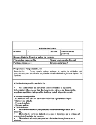 Historia de Usuario
Número: 7 Usuario: Administrador
persona
Nombre Historia: Registrar salida de vehículo
Prioridad en negocio:Alta Riesgo en desarrollo:Normal
Puntos estimados:4 Iteración asignada:1
Programador Responsable:Juli
Descripción: Como usuario quiero registrar la salida de vehículos del
parqueadero para visualizarlo en pantalla con el ticket del registro de ingreso de
vehículo.
Criterio de aceptación o validación:
• Por cada listado de personas se debe mostrar la siguiente
información: id persona, tipo de documento, número de documento,
nombres, apellidos, teléfono fijo, teléfono móvil, dirección, email.
Criterios de aceptación
. El Vehículo que va salir se debe considerar siguientes campos:
• Número de cédula.
• Fecha de salida.
• Hora de salida.
• Total de horas.
• El administrador del parqueadero deberá estar registrado en el
sistema.
• El dueño del vehículo deberá presentar el ticket que se le entrego al
momento del registro de ingreso.
• El administrador del parqueadero deberá estar registrado en el
sistema.
 