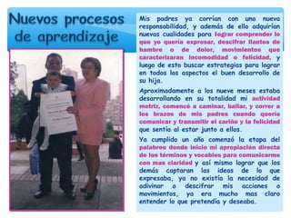 Mis padres ya corrían con una nueva
responsabilidad, y además de ello adquirían
nuevas cualidades para lograr comprender lo
que yo quería expresar, descifrar llantos de
hambre o de dolor, movimientos que
caracterizaran incomodidad o felicidad, y
luego de esto buscar estrategias para lograr
en todos los aspectos el buen desarrollo de
su hija.
Aproximadamente a los nueve meses estaba
desarrollando en su totalidad mi actividad
motriz, comencé a caminar, bailar, y correr a
los brazos de mis padres cuando quería
comunicar y transmitir el cariño y la felicidad
que sentía al estar junto a ellos.
Ya cumplido un año comenzó la etapa del
palabreo donde inicio mi apropiación directa
de los términos y vocablos para comunicarme
con mas claridad y así mismo lograr que los
demás captaran las ideas de lo que
expresaba, ya no existía la necesidad de
adivinar o descifrar mis acciones o
movimientos, ya era mucho mas claro
entender lo que pretendía y deseaba.
 