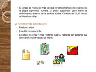    El Método de Historia de Vida se basa en “conocimiento de lo social que es
     la propia experiencia humana, la propia subjetividad como fuente de
     conocimiento y el relato de los distintos actores“ Córdova (1993:7, El Método
     de Historia de Vida).


La historia de vida puede basarse:
    En el auto relato.
    En evidencia documental.
    En relatos de otros y otras (visitando lugares, hablando con personas que
     conocieron a nuestro sujeto de interés.
 