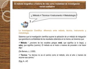 El método biográfico o historia de vida como modalidad de investigación
                            social cualitativa


                          ¿ Método ≠ Técnica ≠ Instrumento ≠ Metodología ?

                     ?
                     ??

    La Investigación Científica: diferencia entre método, técnica, instrumento y
    metodología.
    Sabemos que la investigación científica supone la aplicación de un método de indagación
    que garantice la confiabilidad de los resultados obtenidos en la misma; así tenemos que:
     Método: “...proviene de los vocablos griegos metá, que significa (a lo largo), y
    odos, que significa (camino). El método es el modo o manera de proceder o de hacer
    algo.”
    (De Barrera, J., 2.000)
     Técnica: “La técnica no es el camino como el método, sino el arte o manera de
    recorrer ese camino.”
    (Egg, A., s/f)
 