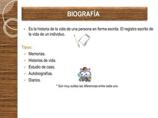 BIOGRAFÍA
    Es la historia de la vida de una persona en forma escrita. El registro escrito de
     la vida de un individuo.

Tipos:
  Memorias.
  Historias de vida.
  Estudio de caso.
  Autobiografías.
  Diarios.
                        * Son muy sutiles las diferencias entre cada uno.
 