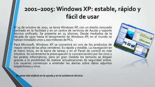 2001–2005: Windows XP: estable, rápido y
fácil de usar
•

•

El 25 de octubre de 2001, se lanza Windows XP, con un diseño renovado
centrado en la facilidad y en un centro de servicios de Ayuda y soporte
técnico unificado. Se presenta en 25 idiomas. Desde mediados de la
década de 1970 hasta el lanzamiento de Windows XP, en el mundo se
habían instalado unos 1.000 millones de PCs.
Para Microsoft, Windows XP se convertirá en uno de los productos de
mayor venta de los años venideros. Es rápido y estable. La navegación en
el menú Inicio, en la barra de tareas y en el Panel de control es más
intuitiva. Se incrementa la preocupación (y concienciación) por los virus y
los piratas informáticos, pero en gran medida los temores se disipan
gracias a la posibilidad de realizar actualizaciones de seguridad online.
Los usuarios comienzan a entender las alertas sobre datos adjuntos
sospechosos y virus.
Se pone más énfasis en la ayuda y en la asistencia técnica.

 