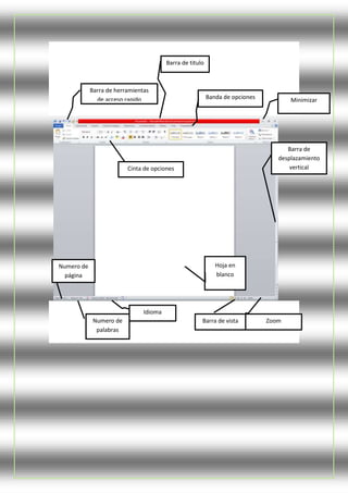 Barra de herramientas 
de acceso rapido 
Barra de titulo 
Barra de 
desplazamiento 
vertical 
Zoom 
Idioma 
Banda de opciones Minimizar 
Hoja en 
blanco 
Numero de 
palabras 
Numero de 
página 
Barra de vista 
Cinta de opciones 
