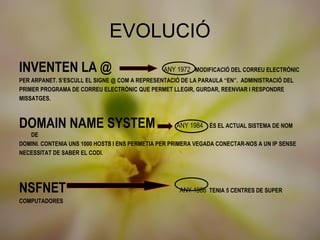 EVOLUCIÓ
INVENTEN LA @                                   ANY 1972 MODIFICACIÓ DEL CORREU ELECTRÒNIC
PER ARPANET. S’ESCULL EL SIGNE @ COM A REPRESENTACIÓ DE LA PARAULA “EN”. ADMINISTRACIÓ DEL
PRIMER PROGRAMA DE CORREU ELECTRÒNIC QUE PERMET LLEGIR, GURDAR, REENVIAR I RESPONDRE
MISSATGES.



DOMAIN NAME SYSTEM                                  ANY 1984 ÉS EL ACTUAL SISTEMA DE NOM
   DE
DOMINI. CONTENIA UNS 1000 HOSTS I ENS PERMETIA PER PRIMERA VEGADA CONECTAR-NOS A UN IP SENSE
NECESSITAT DE SABER EL CODI.




NSFNET                                               ANY 1986 TENIA 5 CENTRES DE SUPER
COMPUTADORES
 