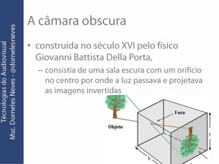 A câmara obscuraconstruída no século XVI pelo físico Giovanni Battista Della Porta, consistia de uma sala escura com um orifício no centro por onde a luz passava e projetava as imagens invertidas