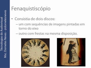 FenaquistiscópioConsistia de dois discos: um com sequências de imagens pintadas em torno do eixooutro com frestas na mesma disposição.