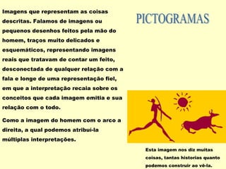 Esta imagem nos diz muitas
coisas, tantas historias quanto
podemos construir ao vê-la.
Imagens que representam as coisas
descritas. Falamos de imagens ou
pequenos desenhos feitos pela mão do
homem, traços muito delicados e
esquemáticos, representando imagens
reais que tratavam de contar um feito,
desconectada de qualquer relação com a
fala e longe de uma representação fiel,
em que a interpretação recaia sobre os
conceitos que cada imagem emitia e sua
relação com o todo.
Como a imagem do homem com o arco a
direita, a qual podemos atribuí-la
múltiplas interpretações.
 
