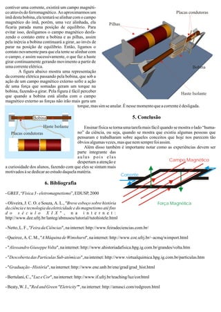 contiver uma corrente, existirá um campo magnéti-
co através do ferromagnético. Ao aproximarmos um
imã desta bobina, ela tentará se alinhar com o campo
magnético do imã, porém, uma vez alinhada, ela
ficaria parada numa posição de equilíbrio. Para
evitar isso, desligamos o campo magnético desfa-
zendo o contato entre a bobina e as pilhas, assim
pela inércia a bobina continuará a girar, ao invés de
parar na posição de equilíbrio. Então, ligamos o
contato novamente para que ela tente se alinhar com
o campo, e assim sucessivamente, o que faz a haste
girar continuamente gerando movimento a partir de
uma corrente elétrica.
A figura abaixo mostra uma representação
da corrente elétrica passando pela bobina, que sob a
ação de um campo magnético externo sofre a ação
de uma força que somadas geram um torque na
bobina, fazendo-a girar. Pela figura é fácil perceber
que quando a bobina está alinha com o campo
magnético externo as forças não irão mais gera um
torque, mas sim se anular. É nesse momento que a corrente é desligada.
5. Conclusão
Ensinar física se torna uma tarefa mais fácil quando se mostra o lado “huma-
no” da ciência, ou seja, quando se mostra que existiu algumas pessoas que
pensaram e trabalharam sobre aqueles conceitos que hoje nos parecem tão
óbvios algumas vezes, mas que nem sempre foi assim.
Além disso também é importante notar como as experiências devem ser
parte integrante das
a u l a s p o i s e l a s
despertam a atenção e
a curiosidade dos alunos, fazendo com que eles se sintam mais
motivadosàsededicaraoestudodaquelamatéria.
6. Bibliografia
-GREF,“Física3-eletromagnetismo”,EDUSP,2000
- Oliveira, J. C. O. e Souza, A. L., "Breve esboço sobre história
da ciência e tecnologia da eletricidade e do magnetismo até fins
d o s é c u l o X I X " , n a i n t e r n e t :
http://www.dee.ufrj.br/lanteg/abmuseu/tutorial/tutohistele.html
-Netto,L.F.,"FeiradaCiências",nainternet:http://www.feiradeciencias.com.br/
-Queiroz,A.C.M.,"AMáquinadeWimshurst",nainternet:http://www.coe.ufrj.br/~acmq/wimport.html
-"AlessandroGiuseppeVolta",nainternet:http://www.ahistoriadafisica.hpg.ig.com.br/grandes/volta.htm
-"DescobertadasPartículasSub-atômicas",nainternet:http://www.virtualquimica.hpg.ig.com.br/particulas.htm
-"Graduação-História",nainternet:http://www.ene.unb.br/ene/grad/grad_hist.html
-Bertulani,C.,"LuzeCor",nainternet:http://www.if.ufrj.br/teaching/luz/cor.html
-Beaty,W.J.,"RedandGreen"Eletricity"",nainternet:http://amasci.com/redgreen.html
Pilhas
Haste Isolante
Haste Isolante
Placas condutoras
Placas condutoras
Bobina
Bobina
Campo Magnético
Corrente
Força Magnética
 