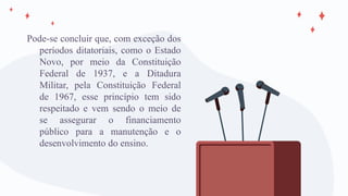 Pode-se concluir que, com exceção dos
períodos ditatoriais, como o Estado
Novo, por meio da Constituição
Federal de 1937, e a Ditadura
Militar, pela Constituição Federal
de 1967, esse princípio tem sido
respeitado e vem sendo o meio de
se assegurar o financiamento
público para a manutenção e o
desenvolvimento do ensino.
 