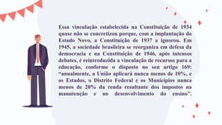 Essa vinculação estabelecida na Constituição de 1934
quase não se concretizou porque, com a implantação do
Estado Novo, a Constituição de 1937 a ignorou. Em
1945, a sociedade brasileira se reorganiza em defesa da
democracia e na Constituição de 1946, após intensos
debates, é reintroduzida a vinculação de recursos para a
educação, conforme o disposto no seu artigo 169:
“anualmente, a União aplicará nunca menos de 10%, e
os Estados, o Distrito Federal e os Municípios nunca
menos de 20% da renda resultante dos impostos na
manutenção e no desenvolvimento do ensino”.
 