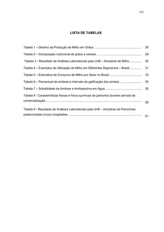 viii




                                                   LISTA DE TABELAS



Tabela 1 – Destino da Produção de Milho em Grãos. .......................................................                            28

Tabela 2 – Composição nutricional de grãos e cereais .....................................................                           29

Tabela 3 - Resultado de Análises Laboratoriais pela UnB – Amostras de Milho...............                                           30

Tabela 4 – Exemplos da Utilização de Milho em Diferentes Segmentos – Brasil...............                                           31

Tabela 5 – Estimativa de Consumo de Milho por Setor no Brasil.......................................                                 33

Tabela 6 – Percentual de amilose e intervalo de gelificação dos amidos ..........................                                    35

Tabela 7 – Solubilidade da Amilose e Amilopectina em Água............................................                                35

Tabela 8 - Características físicas e físico-químicas da pamonha durante período de
comercialização...................................................................................................................
                                                                                                                                     50

Tabela 9 - Resultado de Análises Laboratoriais pela UnB – Amostras de Pamonhas
pasteurizadas (crua) congeladas........................................................................................
                                                                                                                                     51
 