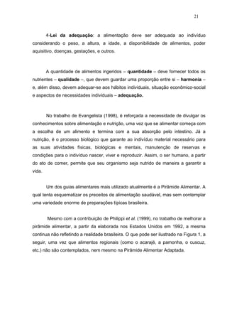 21



        4-Lei da adequação: a alimentação deve ser adequada ao indivíduo
considerando o peso, a altura, a idade, a disponibilidade de alimentos, poder
aquisitivo, doenças, gestações, e outros.



        A quantidade de alimentos ingeridos – quantidade – deve fornecer todos os
nutrientes – qualidade –, que devem guardar uma proporção entre si – harmonia –
e, além disso, devem adequar-se aos hábitos individuais, situação econômico-social
e aspectos de necessidades individuais – adequação.



        No trabalho de Evangelista (1998), é reforçada a necessidade de divulgar os
conhecimentos sobre alimentação e nutrição, uma vez que se alimentar começa com
a escolha de um alimento e termina com a sua absorção pelo intestino. Já a
nutrição, é o processo biológico que garante ao indivíduo material necessário para
as suas atividades físicas, biológicas e mentais, manutenção de reservas e
condições para o indivíduo nascer, viver e reproduzir. Assim, o ser humano, a partir
do ato de comer, permite que seu organismo seja nutrido de maneira a garantir a
vida.


        Um dos guias alimentares mais utilizado atualmente é a Pirâmide Alimentar. A
qual tenta esquematizar os preceitos de alimentação saudável, mas sem contemplar
uma variedade enorme de preparações típicas brasileira.


        Mesmo com a contribuição de Philippi et al. (1999), no trabalho de melhorar a
pirâmide alimentar, a partir da elaborada nos Estados Unidos em 1992, a mesma
continua não refletindo a realidade brasileira. O que pode ser ilustrado na Figura 1, a
seguir, uma vez que alimentos regionais (como o acarajé, a pamonha, o cuscuz,
etc.) não são contemplados, nem mesmo na Pirâmide Alimentar Adaptada.
 