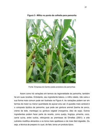 45



               Figura 3 - Milho no ponto de colheita para pamonha




                Fonte: Empresa do Centro-oeste produtora de pamonhas


      Assim como há variações em termos da regionalidade da pamonha, também
há em suas receitas. Entretanto, seu ingrediente básico, o milho ralado, não varia e
sua forma mais comum pode ser ilustrada na Figura 4. As variações podem ser em
termos de maior ou menor quantidade de açúcar e/ou sal. A questão mais variável é
o composto lipídico da pamonha, que pode ser gordura animal (banha de porco,
creme de leite, manteiga) ou gordura vegetal (margarina, óleo de soja). Outros
ingredientes podem fazer parte da receita, como queijo, lingüiça, pimenta, coco,
carne suína, entre outros, reforçando as premissas de Ornellas (2001): a arte
culinária modifica alimentos e os torna mais apetitosos e de mais fácil digestão. Ou
seja, a técnica de preparo é o que, de fato, torna um produto típico.
 