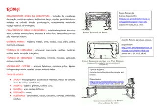 ROMA
                                                                                                             Banco Romano de
CARACTERÍSTICAS GERAIS DA ARQUITETURA – Inclusão de esculturas,                                              bronze.DisponívelEm
decoração, uso do arco pleno, abóbada de berço, cúpulas, peristilo(colunas                                   http://www.amishdirectfurniture.co
isoladas na fachada) divisão quadrangular, escassamente mobiliada,                                           m/page.html?chapter=7&id=106,
espaço especial para refeições;                                                                              acesso em 02.05.2012, 14:35

CARACTERÍSTICAS GERAIS DO MOBILIÁRIO – móveis retangulares, encostos
altos, cadeiras semicirculares, encostos e lados altos, banquinhos para os
pés, materiais nobres;
                                                                                                               Assento Romano para duas pessoas.
MATÉRIAS PRIMAS – madeira, metais, vime, tecidos, osso, vidro, pedra,
mármore, estuque;                                                                                              Disponívelem
                                                                                                               http://www.amishdirectfurniture.co
TÉCNICAS DE FABRICAÇÃO – Artesanal: marcenaria, cavilhas, fundição,                                            m/page.html?chapter=7&id=106,
uniões, pedra esculpida, trançados;                                                                            acesso em 02.05.2012, 14:40

TÉCNICAS DE DECORAÇÃO – embutidos, entalhes, mosaico, aplicação,
pintura, escultura;

VOCABULÁRIO ESTÉTICO – animais fabulosos, mitologia,grifos, águias,
folhagens espiraladas, rosetas, coroas,animais alados;                       Espécie de cama
                                                                             romana,normalmenteconfeccionada em
TIPOS DE MÓVEIS:                                                             bronze.

       APOIO – mesaspequenas quadradas e redondas, mesas de consola,         Disponívelem
                                                                             http://www.amishdirectfurniture.com/p
       mesa de serviço, cartibulum;
                                                                             age.html?chapter=7&id=106, acesso em
       ASSENTO – cadeiras grandes, cadeira curul;                            02.05.2012, 14:45
       GUARDA – arcas, cestas de fibras;
       DESCANSO – camas;
       ACESSÓRIOS – candelabros, bacias, tabuleiros, cortinas, almofadas,
       colchas;
 