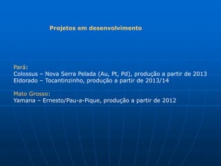 Projetos em desenvolvimento




Pará:
Colossus – Nova Serra Pelada (Au, Pt, Pd), produção a partir de 2013
Eldorado – Tocantinzinho, produção a partir de 2013/14

Mato Grosso:
Yamana – Ernesto/Pau-a-Pique, produção a partir de 2012
 