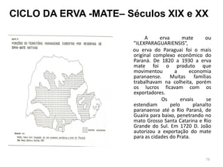 CICLO DA ERVA -MATE– Séculos XIX e XX
A erva mate ou
”ILEXPARAGUARIENSIS”,
ou erva do Paraguai foi o mais
original complexo econômico do
Paraná. De 1820 a 1930 a erva
mate foi o produto que
movimentou a economia
paranaense. Muitas famílias
trabalhavam na colheita, porém
os lucros ficavam com os
exportadores.
Os ervais se
estendiam pelo planalto
paranaense até o Rio Paraná, de
Guaíra para baixo, penetrando no
mato Grosso Santa Catarina e Rio
Grande do Sul. Em 1720 D. João
autorizou a exportação do mate
para as cidades do Prata.
73
 