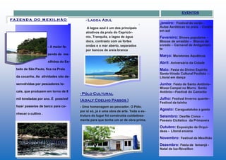 - A maior fa-
zenda de me-
xilhões do Es-
tado de São Paulo, fica na Praia
da cocanha. As atividades são de-
senvolvidas por pescadores lo-
cais, que produzem em torno de 8
mil toneladas por ano. É possível
fazer passeios de barco para co-
nhecer o cultivo .
F A Z E N D A D O M E X I L H Ã O
Janeiro: Festival do verão -
Aulas Aeróbicas na praia - Coreto
em sol
Fevereiro: Shows populares –
Blocos de arrastão – Blocos de
enredo – Carnaval de Antigamen-
te
Março: Maratonas Aquáticas
Abril: Aniversário da Cidade
Maio: Festa do Divino Espirito
Santo-Virada Cultural Paulista —
Litoral em dança
Junho: Festa de Santo Antônio–
Missa Campal no Morro Santo
Antônio—Festival do Camarão
Julho: Festival Inverno quente–
Festival da tainha
Agosto: Caraguatatuba a gosto
Setembro: Desfile Cívico -
Passeio Ciclístico da Primavera
Outubro: Exposição de Orquí-
deas - Litoral encena
Novembro: Festival de Mexilhão
Dezembro: Festa de Iemanjá -
Natal de luz-Réveillon
.
- Lagoa Azul
A lagoa azul é um dos principais
atrativos da praia do Capricór-
nio. Tranquila, a lagoa de água
doce, contrasta com as fortes
ondas e o mar aberto, separados
por bancos de areia branca
- Pólo Cultural
(Adaly Coelho Passos )
- Uma homenagem ao pescador. O Pólo,
por si só, já é uma obra de arte. Toda a es-
trutura do lugar foi construída cuidadosa-
mente para que tenha um ar de obra prima.
eventos
 