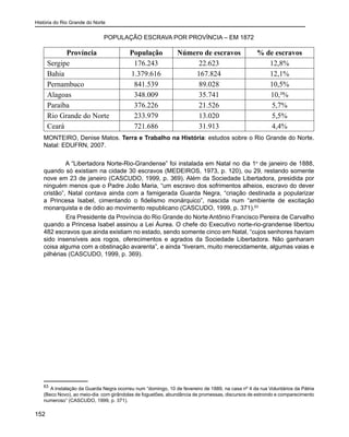 História do Rio Grande do Norte
152
POPULAÇÃO ESCRAVA POR PROVÍNCIA – EM 1872
Província População Número de escravos % de escravos
Sergipe 176.243 22.623 12,8%
Bahia 1.379.616 167.824 12,1%
Pernambuco 841.539 89.028 10,5%
Alagoas 348.009 35.741 10,²%
Paraíba 376.226 21.526 5,7%
Rio Grande do Norte 233.979 13.020 5,5%
Ceará 721.686 31.913 4,4%
MONTEIRO, Denise Matos. Terra e Trabalho na História: estudos sobre o Rio Grande do Norte.
Natal: EDUFRN, 2007.
A “Libertadora Norte-Rio-Grandense” foi instalada em Natal no dia 1o
de janeiro de 1888,
quando só existiam na cidade 30 escravos (MEDEIROS, 1973, p. 120), ou 29, restando somente
nove em 23 de janeiro (CASCUDO, 1999, p. 369). Além da Sociedade Libertadora, presidida por
ninguém menos que o Padre João Maria, “um escravo dos sofrimentos alheios, escravo do dever
cristão”, Natal contava ainda com a famigerada Guarda Negra, “criação destinada a popularizar
a Princesa Isabel, cimentando o fidelismo monárquico”, nascida num “ambiente de excitação
monarquista e de ódio ao movimento republicano (CASCUDO, 1999, p. 371).63
	 Era Presidente da Província do Rio Grande do Norte Antônio Francisco Pereira de Carvalho
quando a Princesa Isabel assinou a Lei Áurea. O chefe do Executivo norte-rio-grandense libertou
482 escravos que ainda existiam no estado, sendo somente cinco em Natal, “cujos senhores haviam
sido insensíveis aos rogos, oferecimentos e agrados da Sociedade Libertadora. Não ganharam
coisa alguma com a obstinação avarenta”, e ainda “tiveram, muito merecidamente, algumas vaias e
pilhérias (CASCUDO, 1999, p. 369).
63
A instalação da Guarda Negra ocorreu num “domingo, 10 de fevereiro de 1889, na casa nº 4 da rua Voluntários da Pátria
(Beco Novo), ao meio-dia com girândolas de foguetões, abundância de promessas, discursos de estrondo e comparecimento
numeroso” (CASCUDO, 1999, p. 371).
 