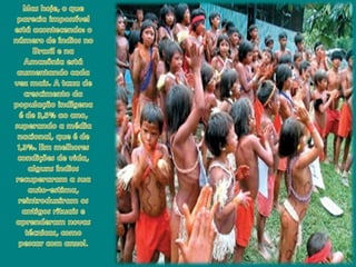 Mas hoje, o quepareciaimpossívelestáacontecendo: o número de índios no Brasil e naAmazôniaestáaumentandocadavezmais. A taxa de crescimento da populaçãoindígena é de 3,5% aoano, superando a médianacional, que é de 1,3%. Emmelhorescondições de vida, algunsíndiosrecuperaram a sua auto-estima, reintroduziramosantigosrituais e aprenderamnovastécnicas, comopescar com anzol. 