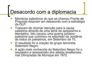 Desacordo com a diplomacia Membros palestinos do que se chamou Frente de Proposta estavam em desacordo com a estratégia da OLP. Trataram de chamar atenção para a causa palestina através de uma série de seqüestros e atentados. Isto causou uma guerra jordano-palestina que culminou na expulsão da Jordânia de todos os palestinos, em Setembro de 70. O resultado foi a criação do grupo terrorista, Setembro Negro. A ação mais conhecida do Setembro Negro foi o seqüestro e assassinato dos atletas israelenses nas Olimpíadas de Munique em 1972. 