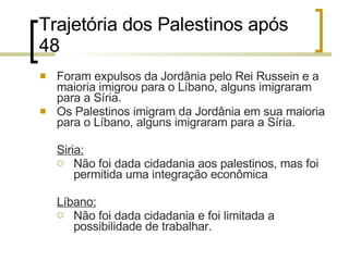 Trajetória dos Palestinos após 48 Foram expulsos da Jordânia pelo Rei Russein e a maioria imigrou para o Líbano, alguns imigraram para a Síria . Os Palestinos imigram da Jordânia em sua maioria para o Líbano, alguns imigraram para a Síria.  Siria: Não foi dada cidadania aos palestinos, mas foi permitida uma integração econômica Líbano: Não foi dada cidadania e foi limitada a possibilidade de trabalhar. 