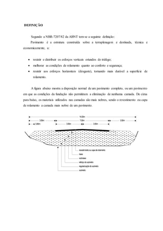 DEFINIÇÃO
Segundo a NBR-7207/82 da ABNT tem-se a seguinte definição:
Pavimento é a estrutura construída sobre a terraplenagem e destinada, técnica e
economicamente, a:
 resistir e distribuir os esforços verticais oriundos do tráfego;
 melhorar as condições de rolamento quanto ao conforto e segurança;
 resistir aos esforços horizontais (desgaste), tornando mais durável a superficie de
rolamento.
A figura abaixo mostra a disposição normal de um pavimento completo, ou um pavimento
em que as condições da fundação não permitiram a eliminação de nenhuma camada. De cima
para baixo, os materiais utilizados nas camadas são mais nobres, sendo o revestimento ou capa
de rolamento a camada mais nobre de um pavimento.
14.00m
3.50m 7.00m 3.50m
3.50m 3.50m0.80m
revestimentooucapaderolamento
base
sub-base
reforçodosub-leito
regularizaçãodosub-leito
sub-leito
 