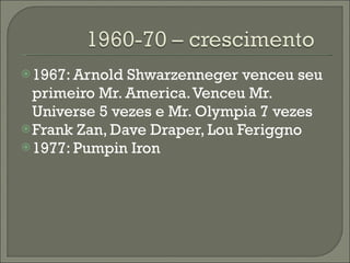 1967: Arnold Shwarzenneger venceu seu primeiro Mr. America. Venceu Mr. Universe 5 vezes e Mr. Olympia 7 vezes Frank Zan, Dave Draper, Lou Feriggno 1977: Pumpin Iron 