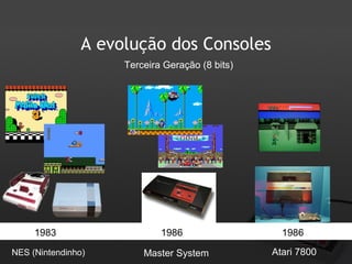 A evolução dos Consoles
Terceira Geração (8 bits)

1983
NES (Nintendinho)

1986
Master System

1986
Atari 7800

 