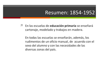 Resumen: 1854-1952
 En las escuelas de educación primaria se enseñará

cartonaje, modelado y trabajos en madera.

En todas las escuelas se enseñarán, además, los
rudimentos de un oficio manual, de acuerdo con el
sexo del alumno y con las necesidades de las
diversas zonas del país.

 